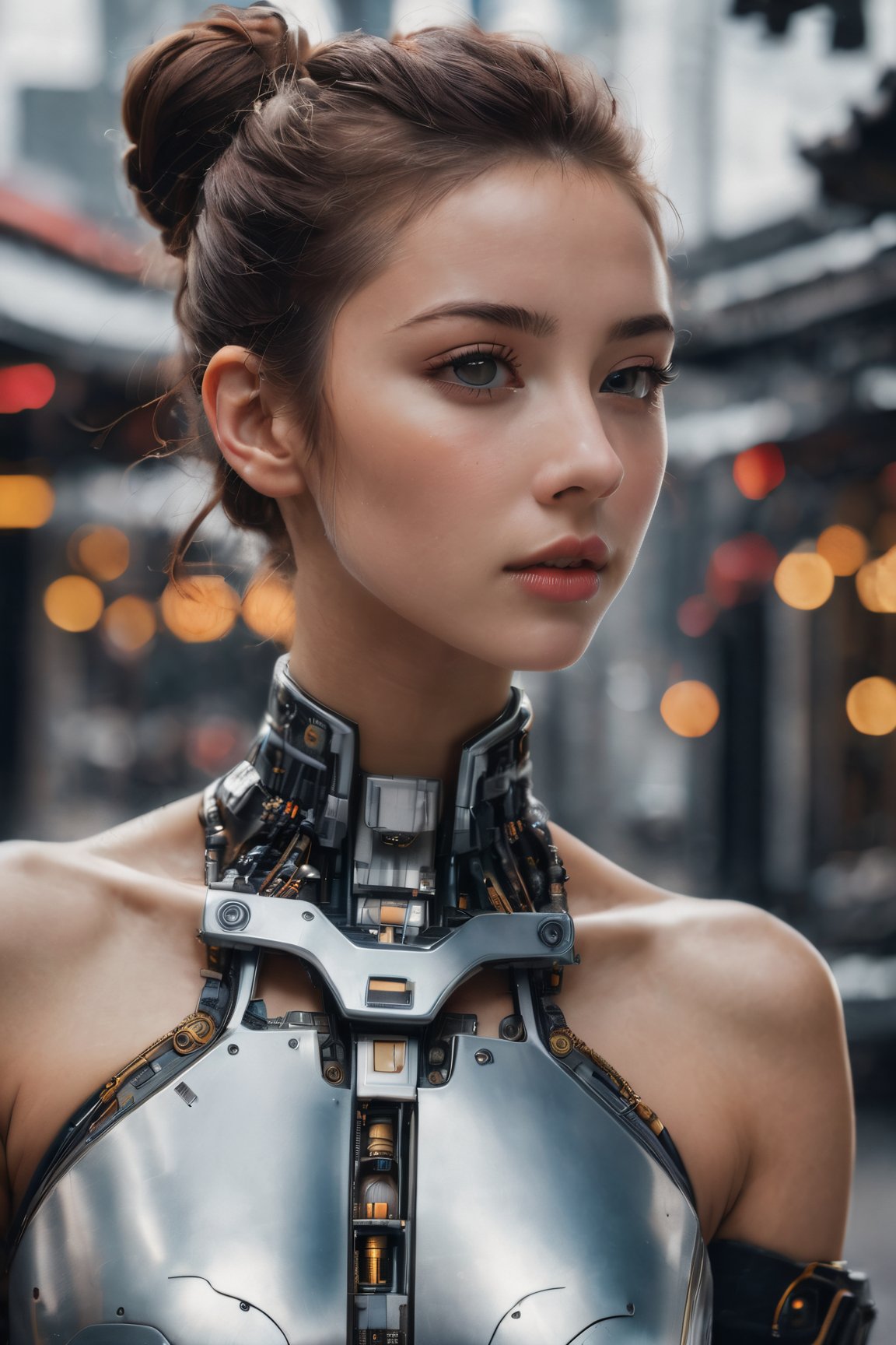 (glamour photography) photo of a cyborg xxmix_girl in her 20s, (jaw), {ponytail|bobcut|hair in a bun}, cyborg style, android, mechanical body, (blush:0.9), (goosebumps:0.5), dfdd, beautiful, masterpiece, photorealistic, hi-res, hdr, 8k, remarkable color, ultra realistic, textured skin, realistic dull skin noise, visible skin detail, skin fuzz, dry skin, (petite:1.2), (pretend to be the goddess seducing the viewer), (upper body framing:1.75), (detailed futuristic background), hard natural lighting, (ray tracing:1.4), subsurface scattering, {from side|from back|(shot from a dutch angle)}, golden ratio, shot on Leica T, RAW cinema photo, 50mm portrait lens, shallow depth of field, Fujicolor Pro film