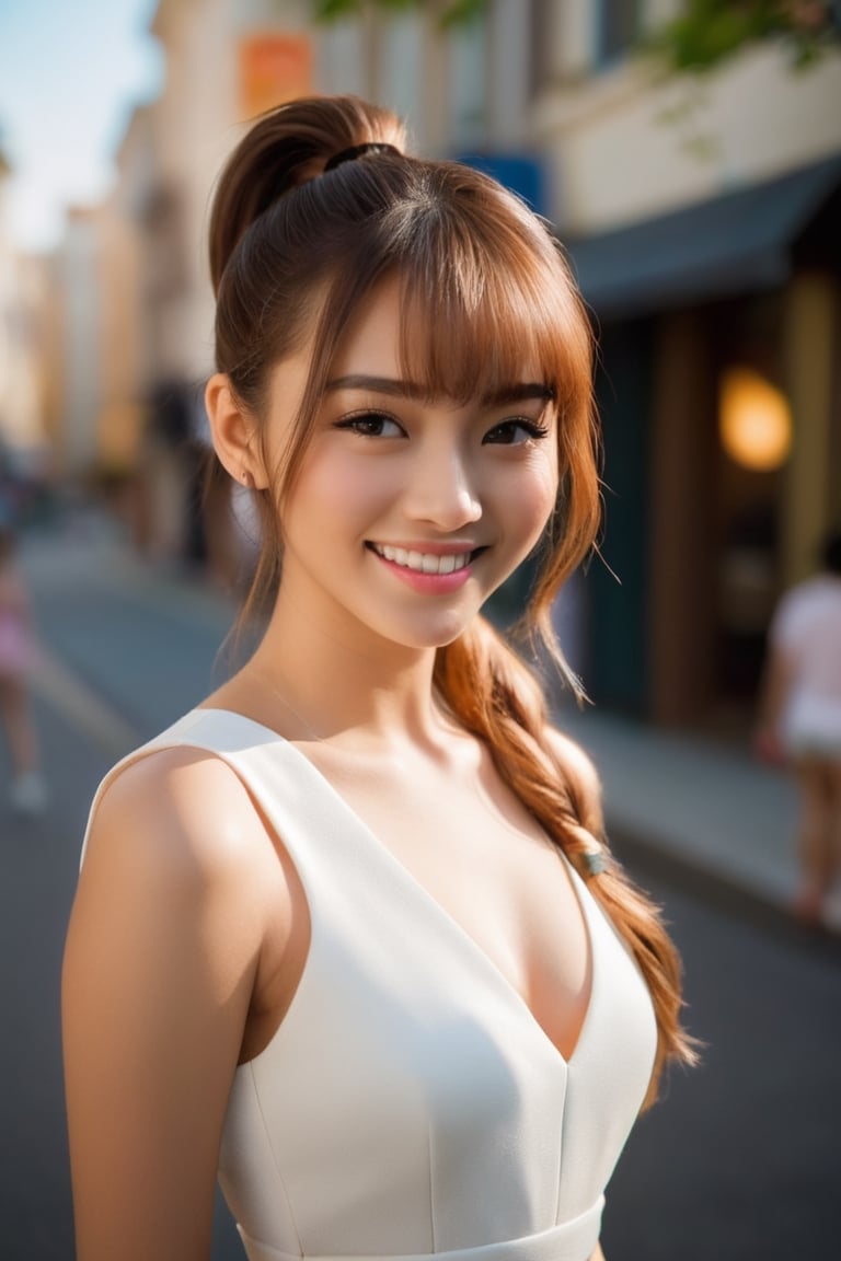 ({glamour|beauty|candid}:1.3) photo of a beautiful {smiling|(serious:1.3)|(sad, teary:1.2)} cutegirlmix her 20s, {ponytail|long|bobcut} hairstyle, similing, wearing {casual|elegant} dress with {skirt|shorts}, (blush:0.5), (goosebumps:0.5), textured skin, realistic dull skin noise, visible skin detail, skin fuzz, dry skin, (skinny:1.2), masterpiece, remarkable color, ultra realistic, dfdd, (posing for a picture on a city street:1.2), (upper body framing from waist:1.6), soft bounced lighting, ray tracing, subsurface scattering, {from side|from above|from behind, looking at viewer}, golden ratio, 50mm portrait lens