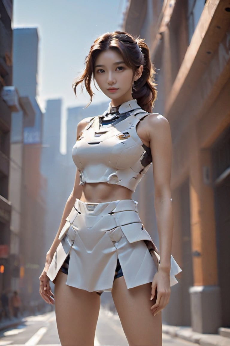 ({glamour|beauty|candid}:1.3) photo of a beautiful woman her 20s, {ponytail|bobcut} hairstyle, similing, wearing {casual|elegant} mecha dress with masamune {skirt|shorts}, (blush:0.5), (goosebumps:0.5), textured skin, realistic dull skin noise, visible skin detail, skin fuzz, dry skin, (skinny:1.2), masterpiece, remarkable color, ultra realistic, dfdd, (posing for a picture on a city street:1.2), (upper body framing from waist:1.6), soft bounced lighting, ray tracing, subsurface scattering, {from side|from above|from behind, looking at viewer}, golden ratio, 50mm portrait lens, mecha_musume