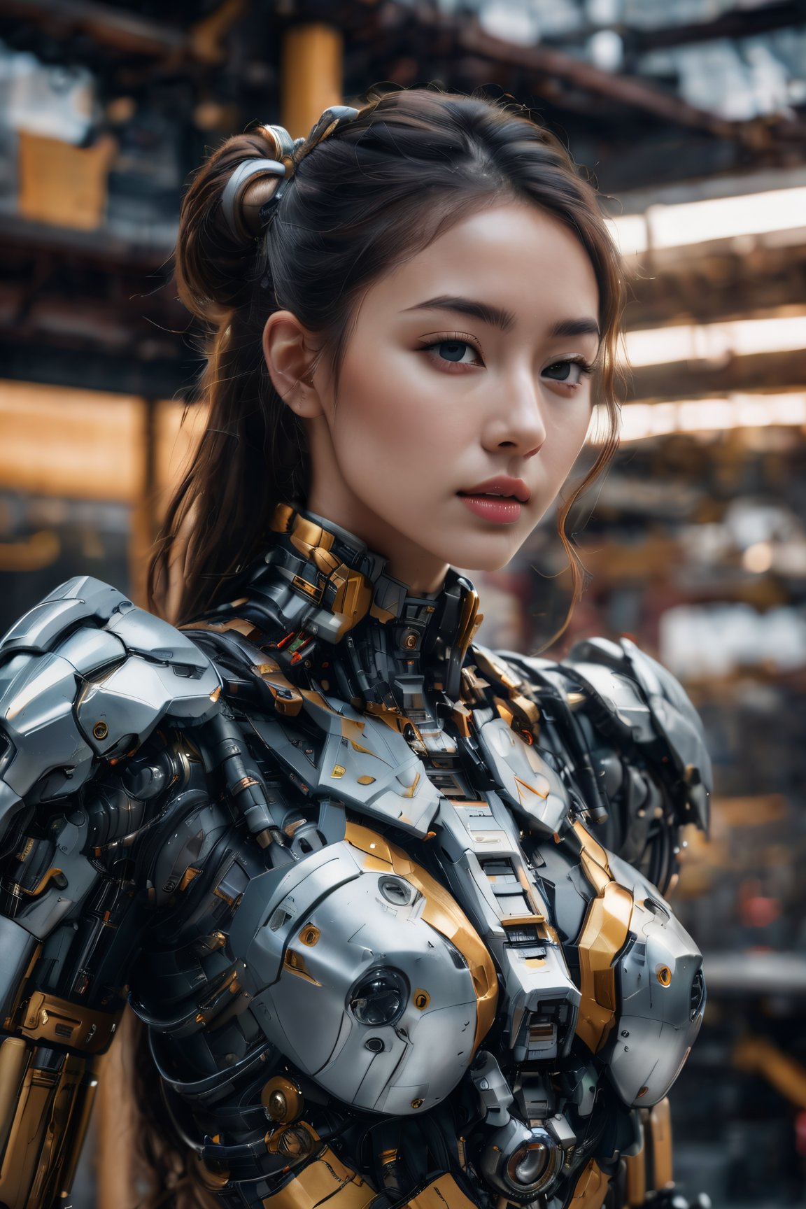 (glamour photography) photo of a cyborg xxmix_girl in her 20s, (jaw), {ponytail|bobcut|hair in a bun}, cyborg style, android, mechanical body, mecha, (blush:0.9), (goosebumps:0.5), beautiful, masterpiece, photorealistic, hi-res, hdr, 8k, remarkable color, ultra realistic, textured skin, realistic dull skin noise, visible skin detail, skin fuzz, dry skin, (petite:1.2), (a goddess seducing the viewer), (upper body from waist framing:1.75), (detailed futuristic background), hard natural lighting, (ray tracing:1.4), subsurface scattering, {from side|from back|(shot from a dutch angle)}, golden ratio, shot on Leica T, RAW cinema photo, 50mm portrait lens, shallow depth of field, Fujicolor Pro film