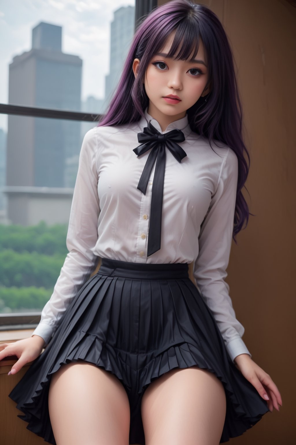 1girl-in-her-20s, shameless-bishoujo, mix-of-natural-hair-styles, unique-physique, no-virgin-anymore, realistic-detailed-skin, (((Ultra-HD-photo-same-realistic-quality-details))), remarkable-colors, Frilled white shirt paired with a pleated metallic long skirt and slingback pumps, vaginal-sex-pov, all-four-ass-up, supporting-pose, (((relaxed))), optimal-lighting, Enhanced All, dfdd, xiyan,,<lora:659095807385103906:1.0>