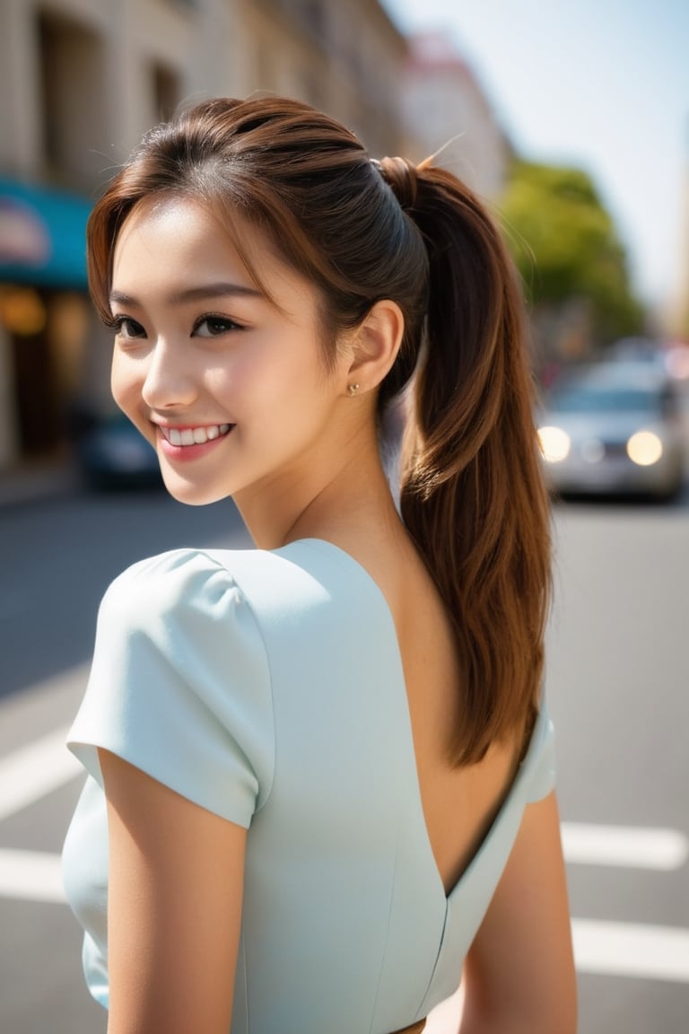 ({glamour|beauty|candid}:1.3) photo of a beautiful {smiling|(serious:1.3)|(sad, teary:1.2)} cutegirlmix her 20s, {ponytail|long|bobcut} hairstyle, similing, wearing {casual|elegant} dress with {skirt|shorts}, (blush:0.5), (goosebumps:0.5), textured skin, realistic dull skin noise, visible skin detail, skin fuzz, dry skin, (skinny:1.2), masterpiece, remarkable color, ultra realistic, dfdd, (posing for a picture on a city street:1.2), (upper body framing from waist:1.6), soft bounced lighting, ray tracing, subsurface scattering, {from side|from above|from behind, looking at viewer}, golden ratio, 50mm portrait lens