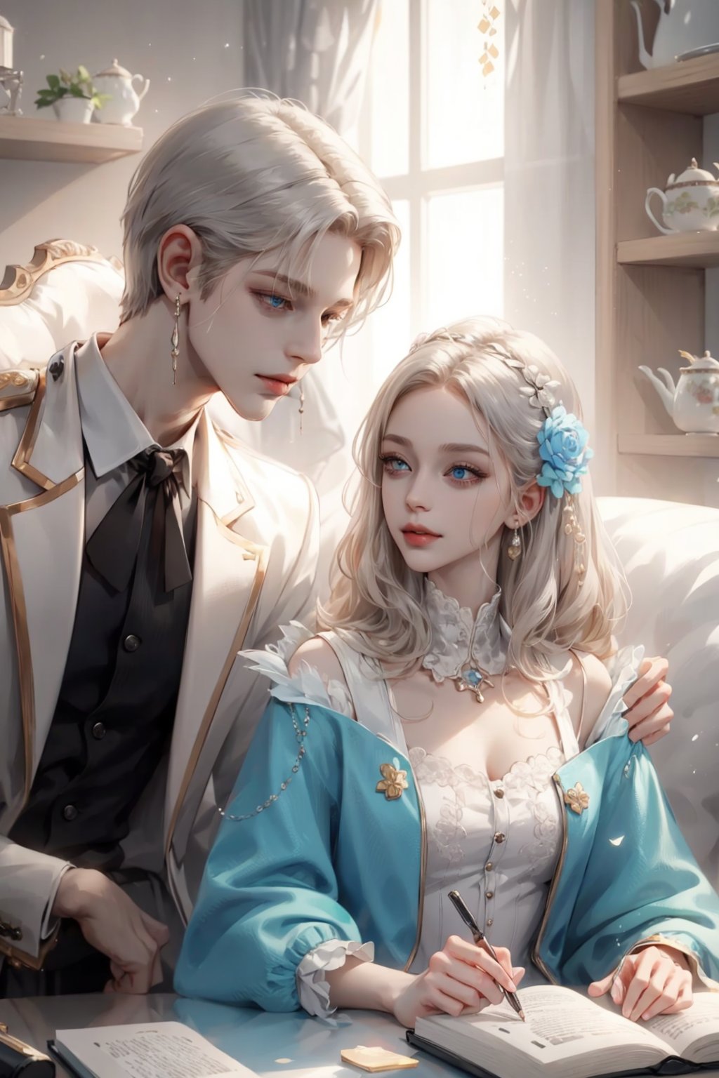 (asterpiece:1.2, best quality), (Soft light), (shiny skin), couple, romantic, kingdom, gold_blonde_hair_woman, silver_hair_boy, eyelashes, collarbone, victorian, blue eyes, long_curly_blonde_hair_woman, short_silver_hair_boy, silver_hair_boy, couple_(romantic), happy face, formal outfit, tea time