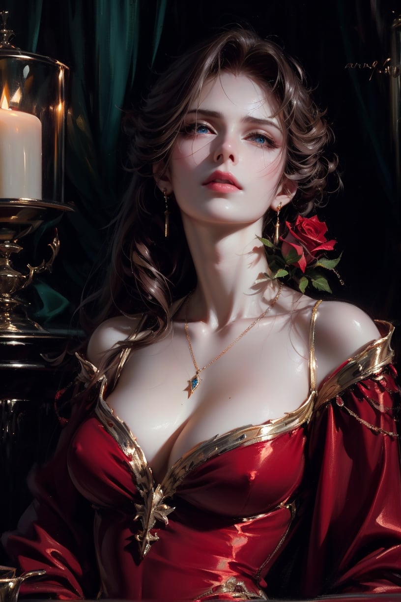 (asterpiece:1.2, best quality), (Soft light), (shiny skin), kingdom, long brown hair woman, brown hair woman, eyelashes, sad face, cleavage, collarbone, blue eyes woman, long hair woman, 18th century clothes ,rose petal, red roses, fair skin, look at the viewers, intense, roses, long_hair_woman, roses background, formal dresses, fair skin, necklaces