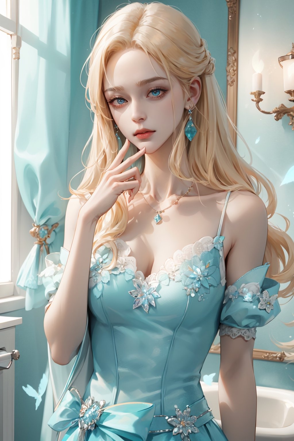 (asterpiece:1.2, best quality), (Soft light), (shiny skin), 1girl,  kingdom, blonde hair, victorian, tosca eyes, long_blonde_hair_girl , formal dress, bathroom, shock face, shock, aquamarine necklace, aquamarine earings, shock face, hands covered mouth