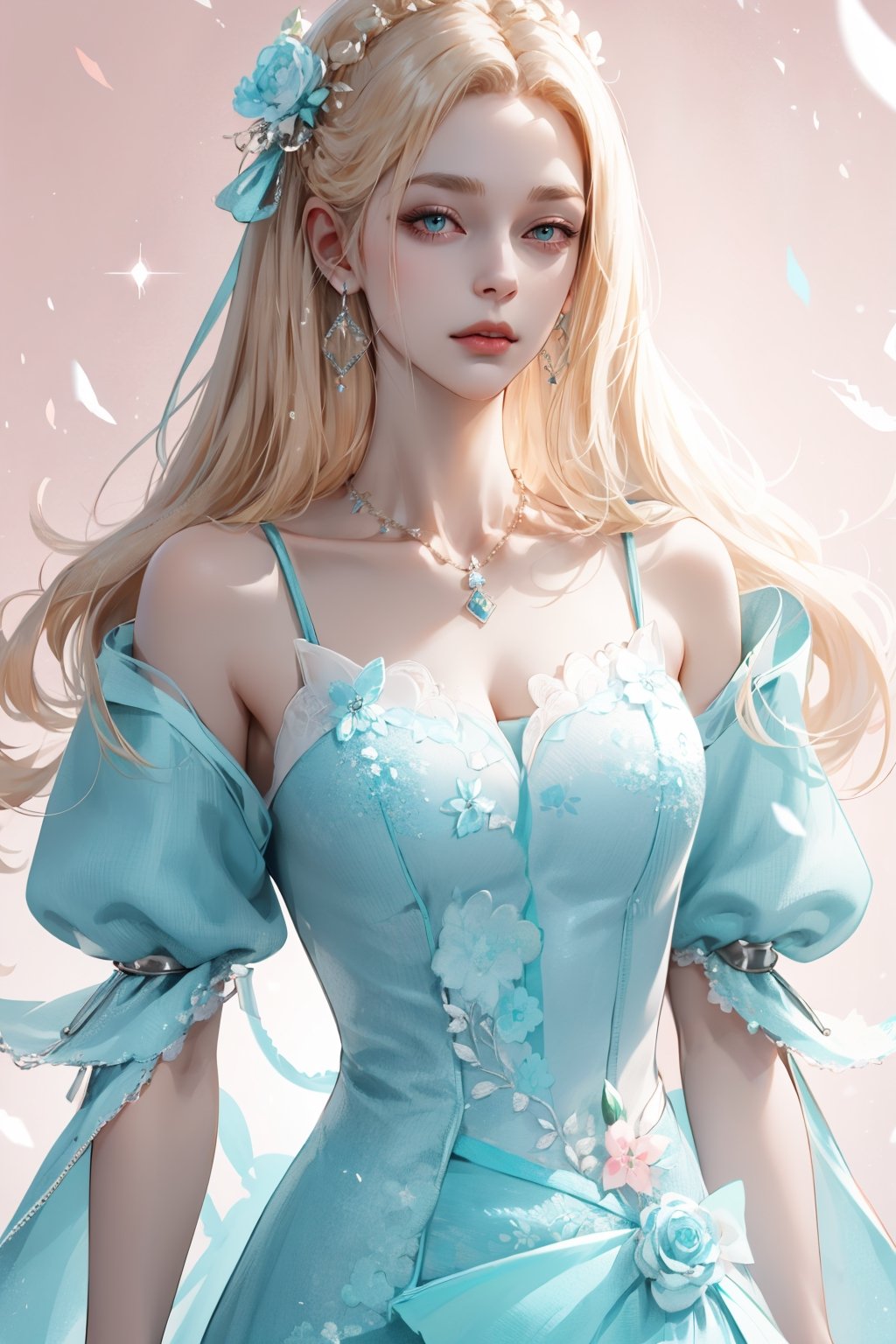 (asterpiece:1.2, best quality), (Soft light), (shiny skin), 1girl,  kingdom, blonde hair,  faceless,  collarbone, victorian, tosca eyes, long_blonde_hair_girl , formal dress, pink background, beige dress, tosca earings, aquamarine necklace, long curly hair 