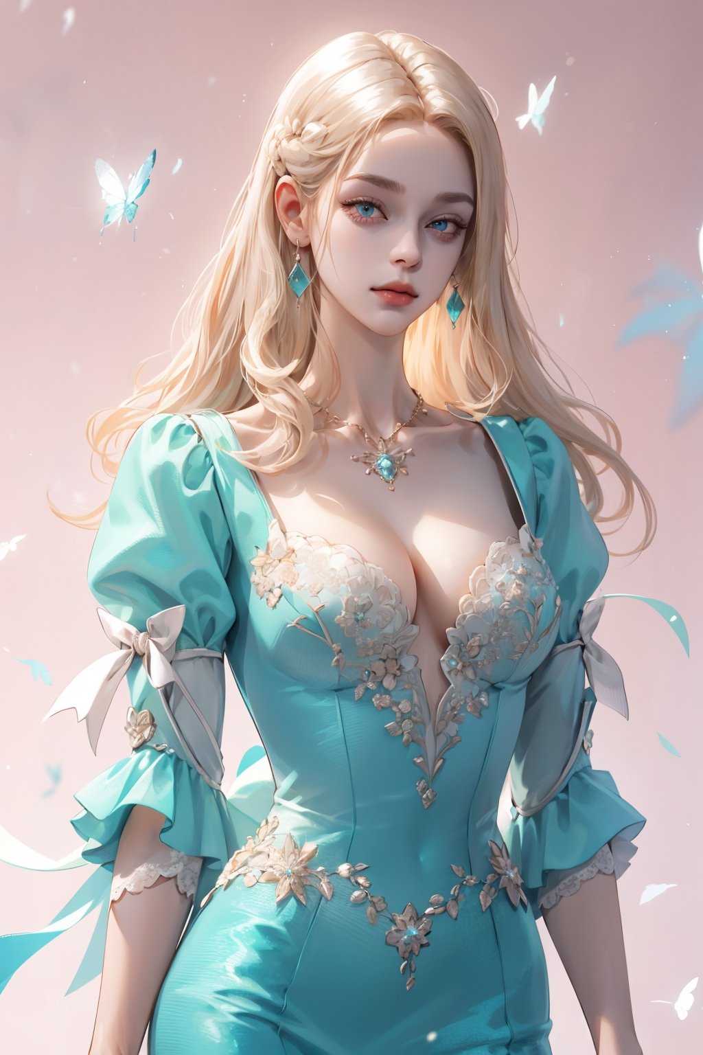 (asterpiece:1.2, best quality), (Soft light), (shiny skin), 1girl,  kingdom, blonde hair,  faceless, cleavage, collarbone, victorian, tosca eyes, long_blonde_hair_girl , formal dress, pink background, beige dress, tosca earings, aquamarine necklace, long curly hair 