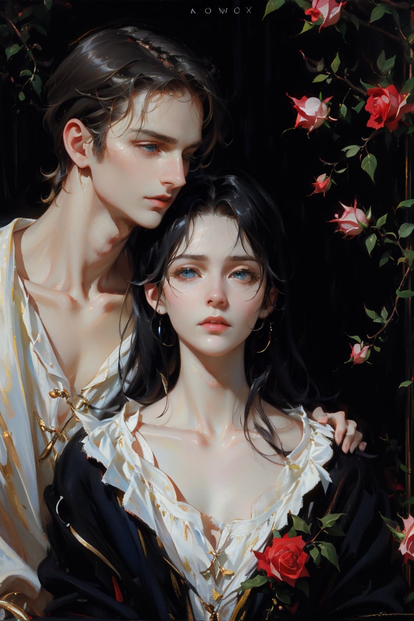 (asterpiece:1.2, best quality), (Soft light), (shiny skin), two people, couple, romantic, kingdom, long black hair woman, short black hair man, eyelashes, sad face, cleavage, collarbone, victorian, blue eyes man, green eyes woman, long hair woman, short black hair man, black_hair_boy, 18th century clothes, black background,rose petal, red roses, fair skin, romantic, intense