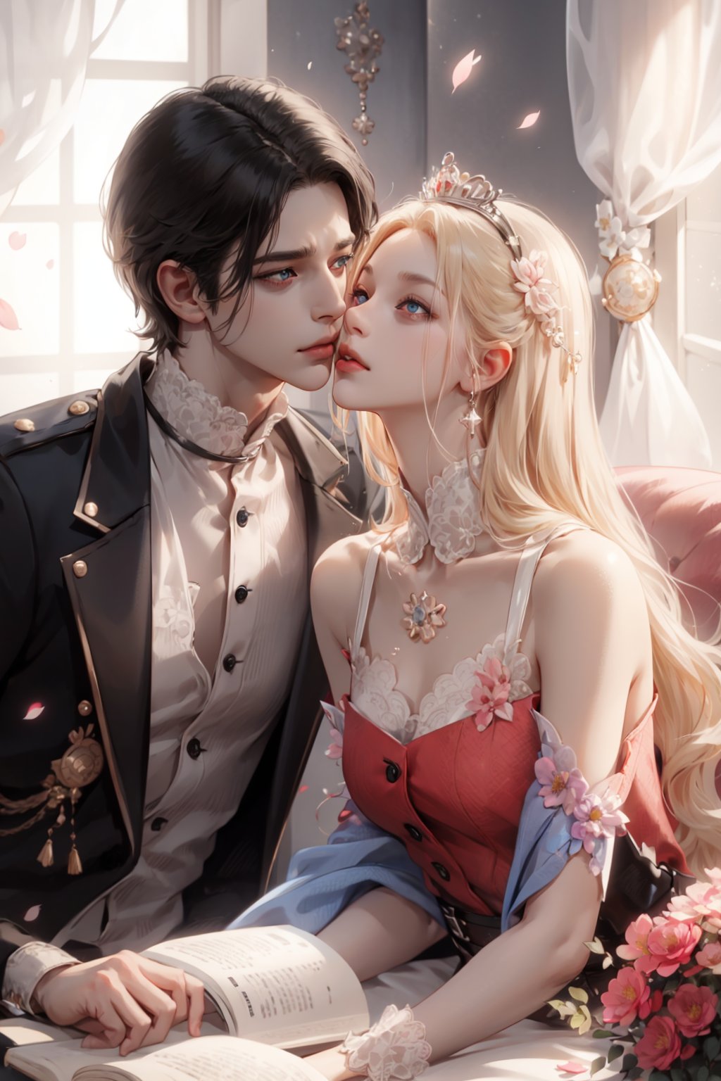 (asterpiece:1.2, best quality), (Soft light), (shiny skin), duo, kissing, 2person, couple_(romantic), man_short_black_hair, black_hair_boy, Black_hair, hateful look, 1man, 1girl, eye_lashes, collarbone, victorian, blue eyes, blonde_long_ hair_girl, black_short_hair_man, royalty background, sexual, flowers petals, french_kiss, sitting on the bed, kissing