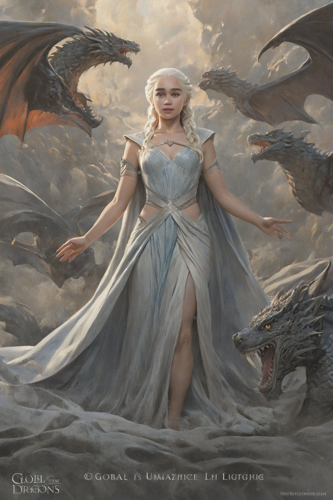 Ultra-detailed Daenerys Targaryen with her dragons, high-quality cell-shaded illustration, dynamic pose, perfect anatomy, centered, freedom, soul, approach to perfection, cell shading, 4k, cinematic dramatic atmosphere, watercolor painting, global illumination, detailed and intricate environment, art station, concept art, fluid and sharp focus, volumetric lighting, cinematic lighting, greg rutkowski,greg rutkowski