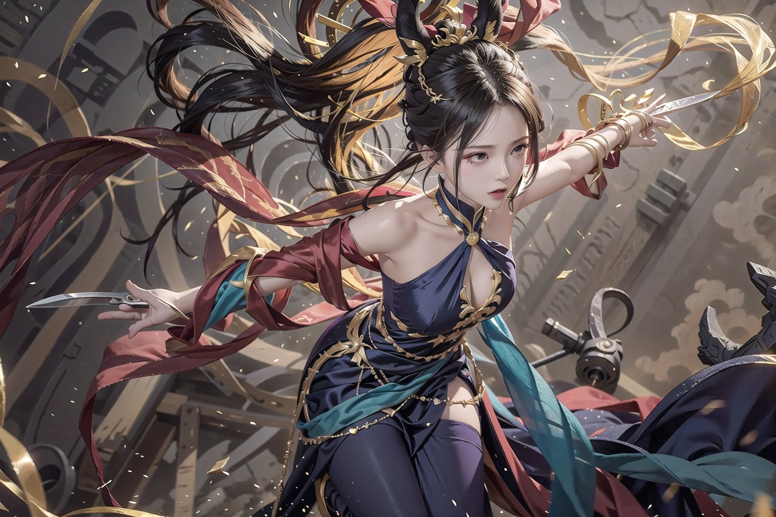 Hanabi mobile legend hero, jumping, fiercing face, cleavage cutout, silk dress, holding knives, semi realism