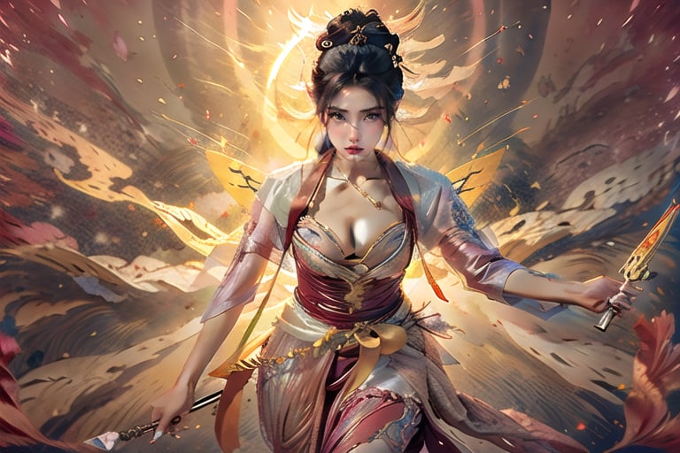 Japanese girl, ninja nude dress, thin layered silk fabric with cleavage, jumping, holding ninja shuriken tools, magenta flame weapon
dunhuang_cloths,Realism,realistic