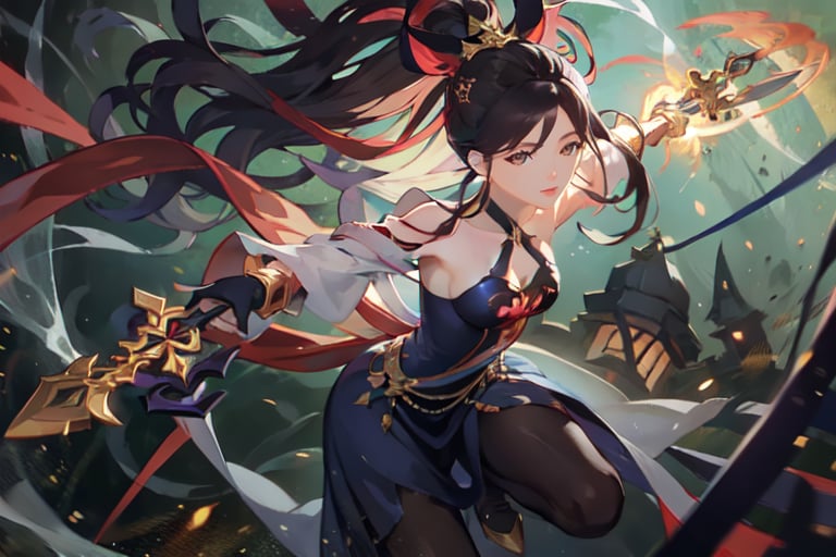 Hanabi mobile legend hero, jumping, fiercing face, cleavage cutout, silk dress, holding knives, semi realism