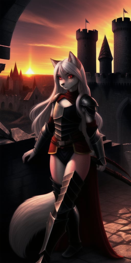 small chested, sexy, girl, long hair, disheveled hair, white hair, red eyes, beautiful eyes, detailed eyes, detailed face, freckles, pink fur, anthropomorphic, wolf furry, tail, rogue-like armor, fit, toned, fiery aura, cinematic lighting, best quality, scenery, crumbling ruins, gothic castle, sunset