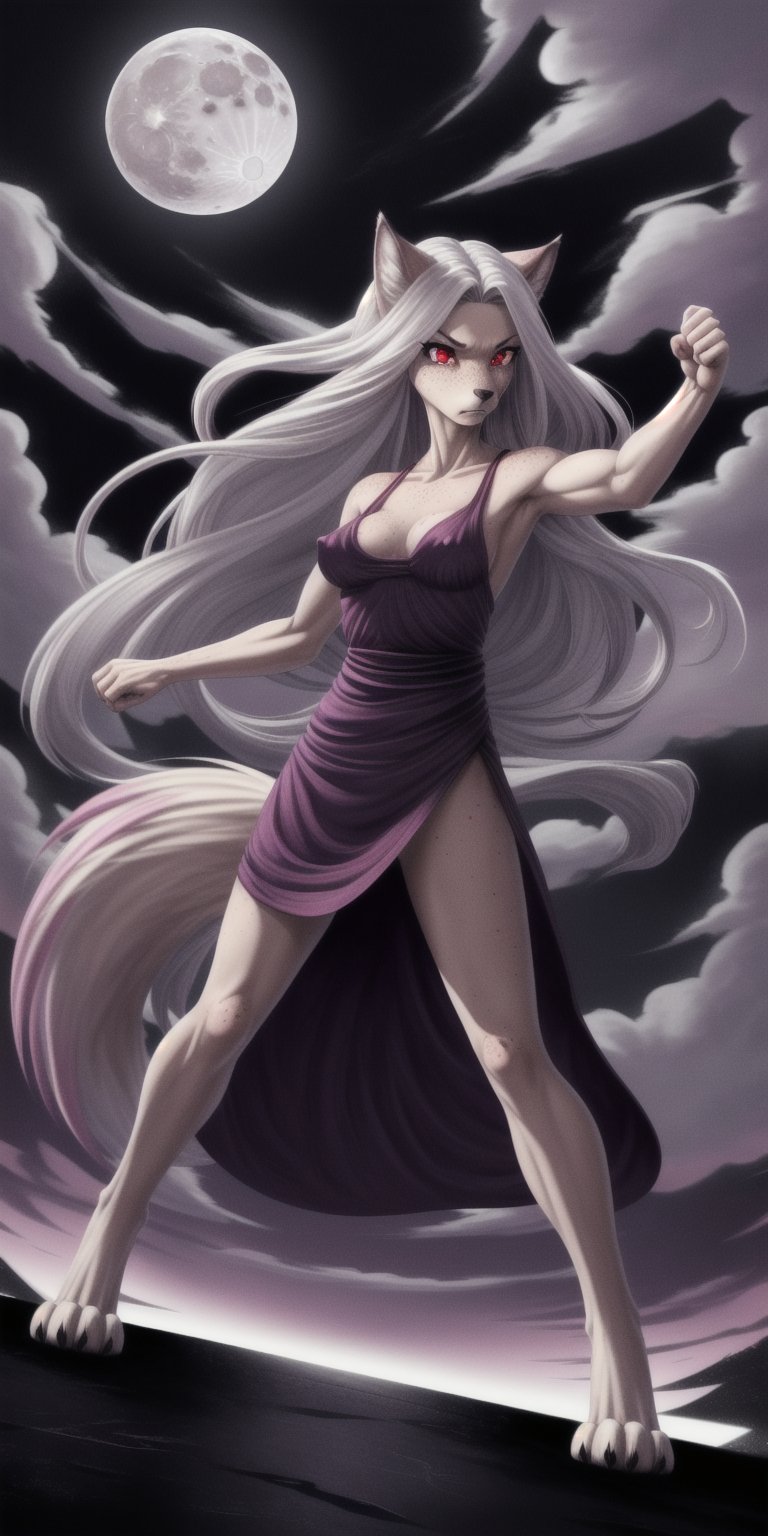 tiny titties, sexy, girl, long hair, disheveled hair, white hair, red eyes, beautiful eyes, detailed eyes, detailed face, freckles, magenta fur, anthropomorphic, wolf furry, tail, middle eastern dress, fit, toned, menacing, full moon, action pose, sfw, 