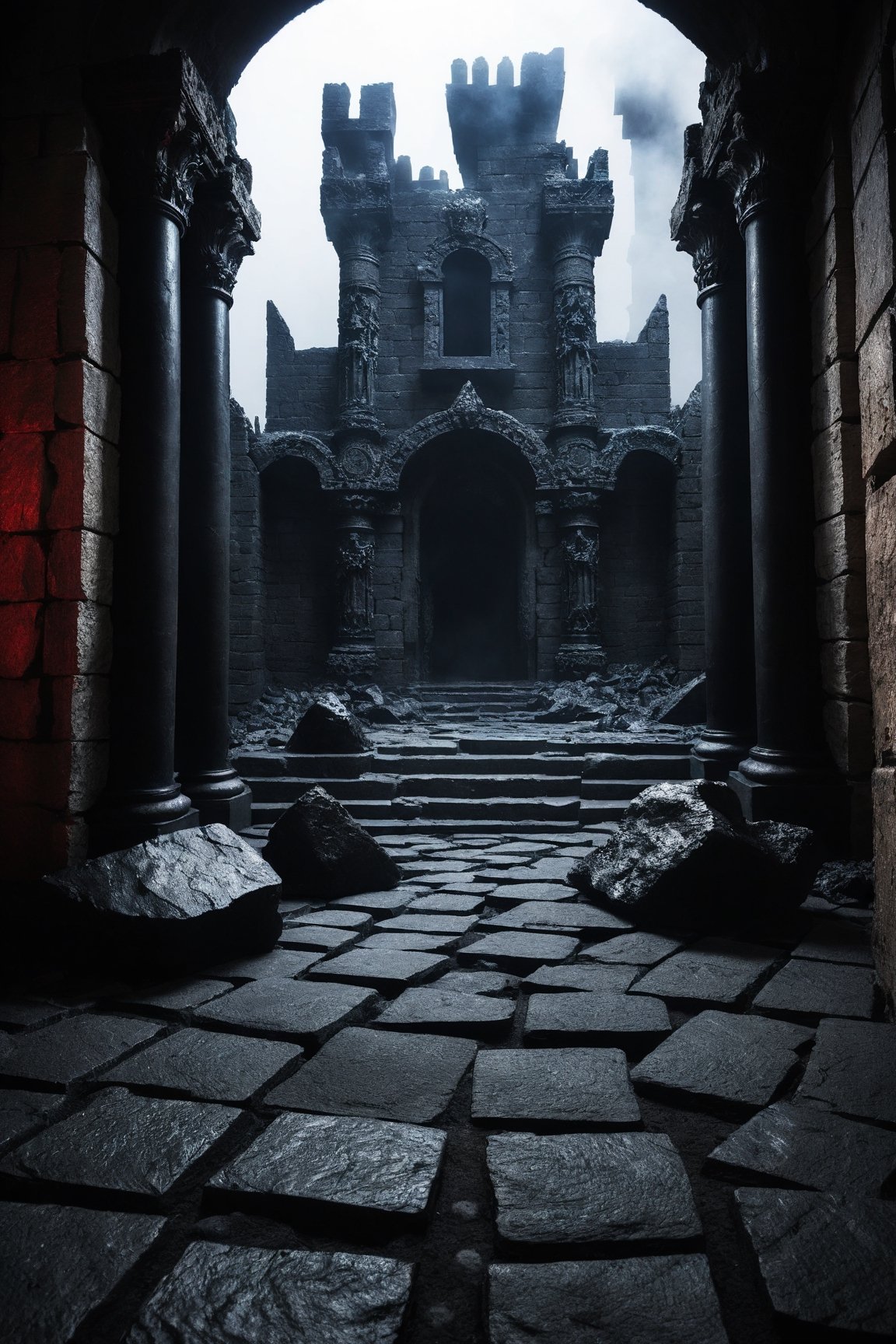 Masterpiece, full Hd , 4k , fantasy image of  Hell ,  
a  dark horific Hell  castle ,dark rocks pillars, stone walls,lucifer statues all over, realism, Hell  vibe, smoky dark horrific floor , Devils castle, realistic background, fine photography 