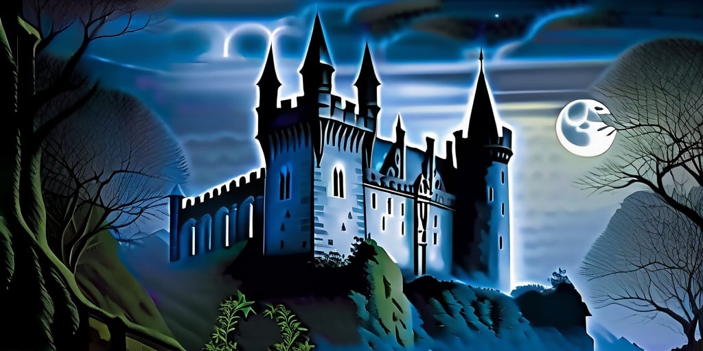 Gothic castle, looming and ancient, bathed in the silvery light of a full moon, eerie and enchanting, stands shrouded in dense, twisting mist, its towering spires, jagged battlements, and ivy-clad stone walls casting long, ominous shadows across the desolate, moonlit landscape.