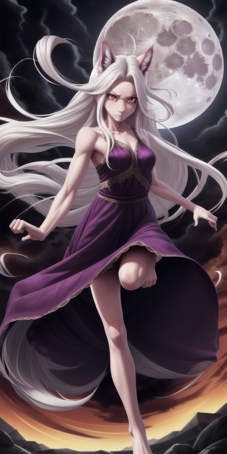 small chest, sexy, girl, long hair, disheveled hair, floating hair, white hair, red eyes, beautiful eyes, detailed eyes, detailed face, freckles, magenta skin, magenta fur, anthropomorphic, wolf furry, tail, middle eastern dress, fit, toned, menacing, full moon, action pose, sfw, 