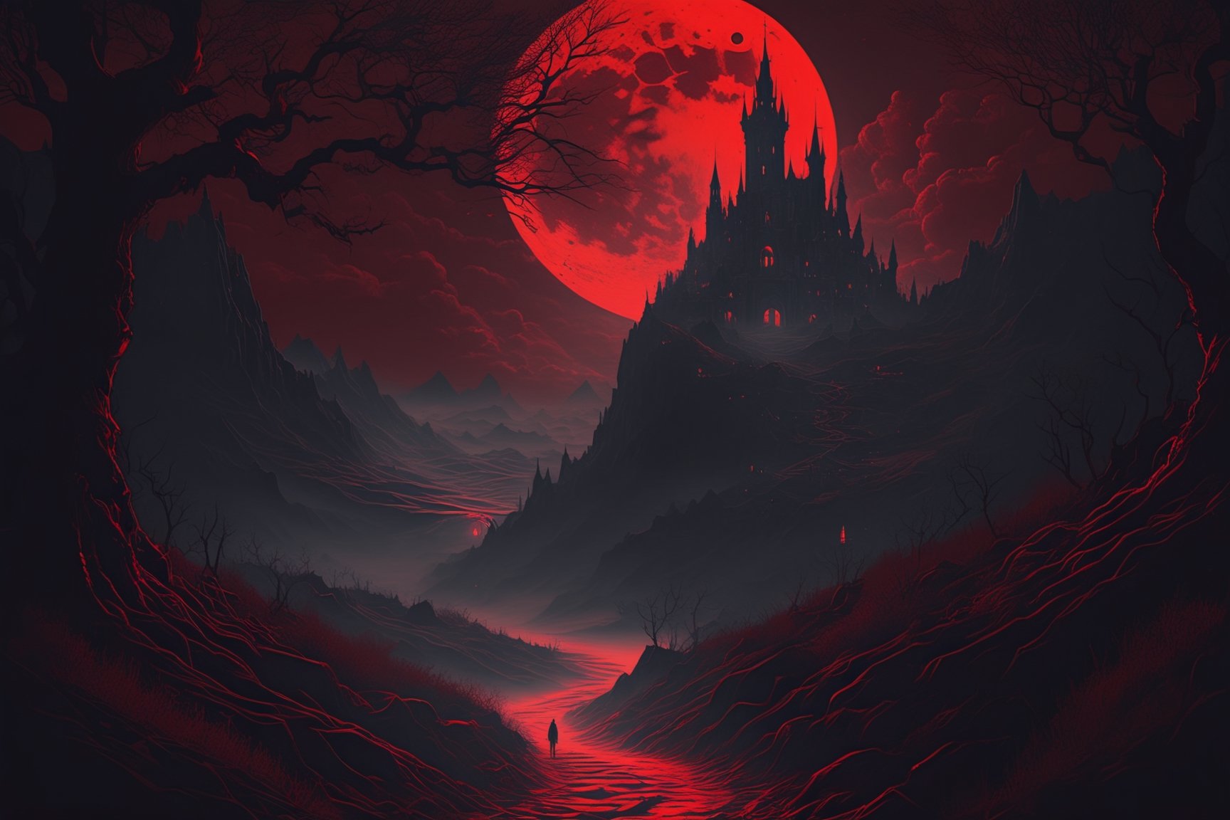 Nicolas Delort style, dark, eerie, fantasy, gothic, horror, labyrinths, cinematic lighting, crimson fog, red highlights, dark red shading, blood moon