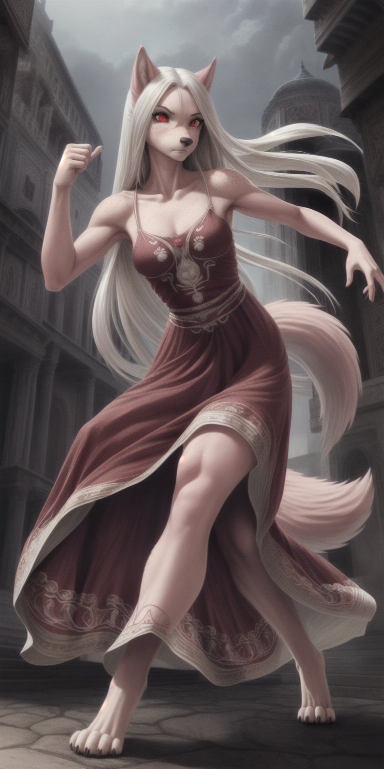 tiny titties, sexy, girl, long hair, disheveled hair, white hair, red eyes, beautiful eyes, detailed eyes, detailed face, freckles, pink fur, anthropomorphic, wolf furry, tail, middle eastern dress, lightly armored, embroidered dress, action pose, fit, toned