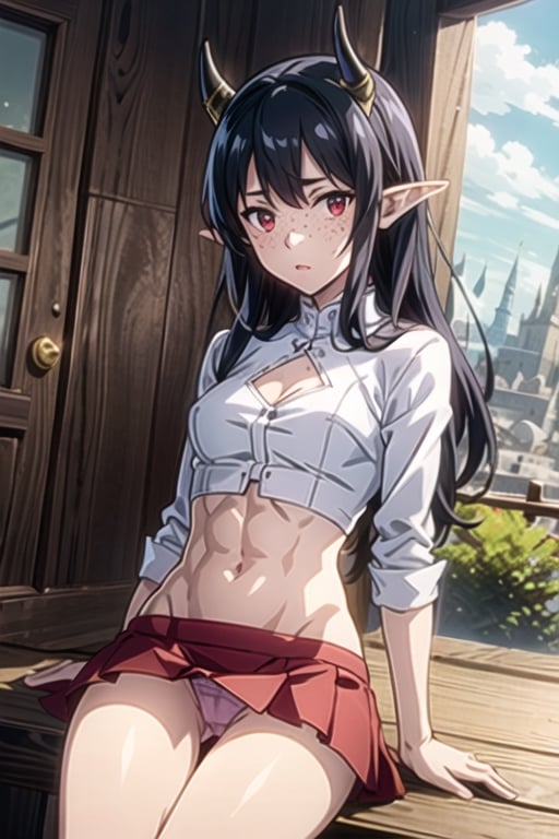 anime screencap, cowboy shot, scenery, cinematic lighting, sitting, legs open, medium breasts, cameltoe, bodycon dress, upskirt, expressive panties, freckles, elf ears, tiny demon horns, tight midriff shirt, abs, expressive eyes, red eyes, black hair, long hair, disheveled hair, view from below, tavern

1girl

