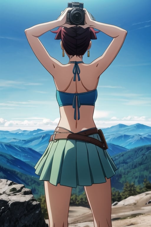 Girl, cinematic lighting, anime screencap, best quality, 

Suede Mini Skirt, Halter Neck Crop Top, Loose Curls with Side Part, Layered Necklaces, Stud Earrings

ide-angle Shot, Back View, Arms Raised, Victory Pose:
The camera captures the subject from behind as she stands on a mountain peak. Her arms are raised triumphantly in a V-shape, celebrating a moment of victory. The wide-angle lens accentuates the breathtaking landscape surrounding her.