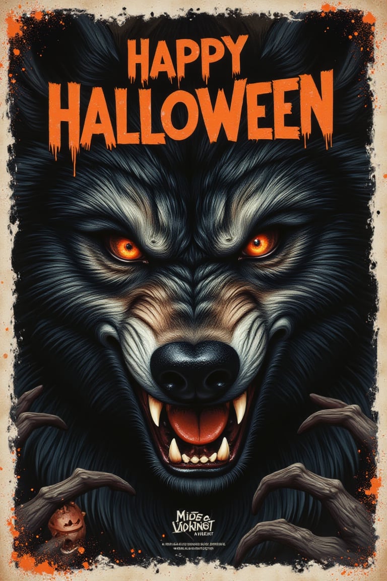 An old horror movie poster, 1960, framed,  the text "Happy Halloween" in big letters dominates the top third of the frame, a werewolf, teeth, Wolf eyes, 2.5d, Midjourney_Whisper