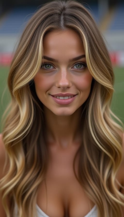 A sexy girl, 25 years old, (rounded face:1.2), big lips, beautiful green-blue eyes, thin brown eyes, blond hair, long hair, wavy hair, busty, (photo realistic), (football cheerleader:1.4), stadium, superball, smiling,maya, (full body shot:1.4)