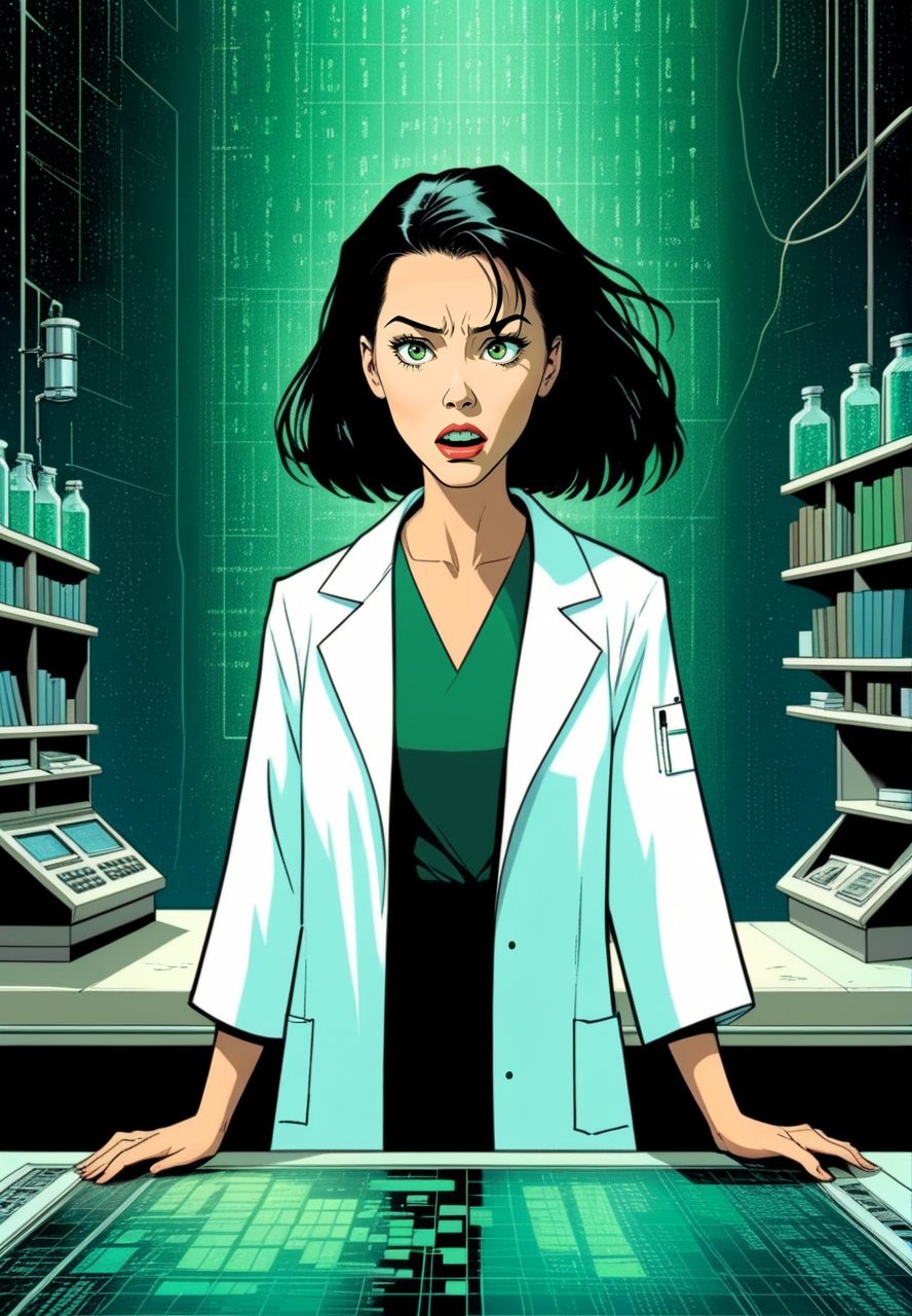 score_9, score_8_up, score_7_up, comicbook, Matrix movie scene, a beautiful scientist is afraid,Comic Book-Style 2d