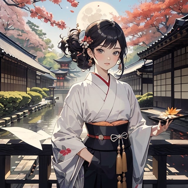 Japanese style,Amidst Japan's enchanting autumn scenery, where crimson leaves paint a stunning backdrop, young women dressed in exquisite kimonos can be seen joyfully participating in moon-viewing activities against the backdrop of Kyoto's picturesque cityscape.
(super fine illustration:1.3),perfect anatomy,(masterpiece,ultra quality,ultla highres,32k,intricate detailed),{{{masterpiece}}}, {{{best quality}}}, {{ultra-detailed}}, {illustration}, {{an extremely delicate and beautiful}},
