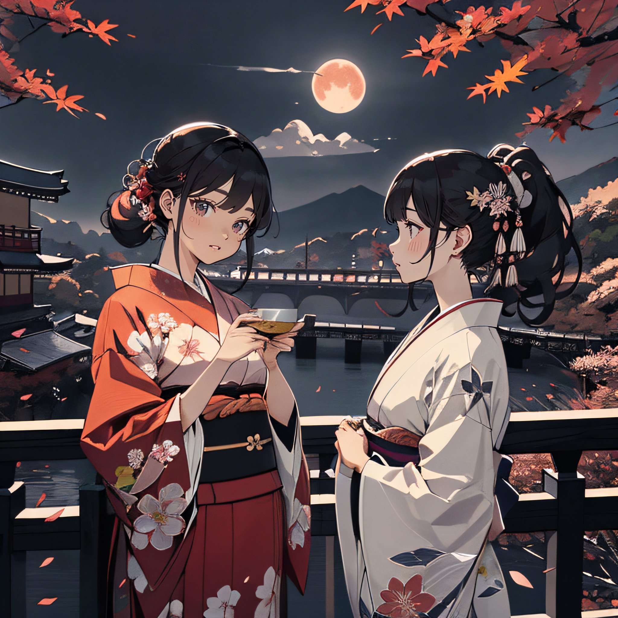 Japanese style,(Amidst Japan's enchanting autumn scenery), where crimson leaves paint a stunning backdrop, young women dressed in exquisite kimonos can be seen joyfully participating in moon-viewing activities against the backdrop of Kyoto's picturesque cityscape.
(super fine illustration:1.4),perfect anatomy,(masterpiece,ultra quality,ultla highres,32k,intricate detailed),{{{masterpiece}}}, {{{best quality}}}, {{ultra-detailed}}, {illustration}, {{an extremely delicate and beautiful}},
