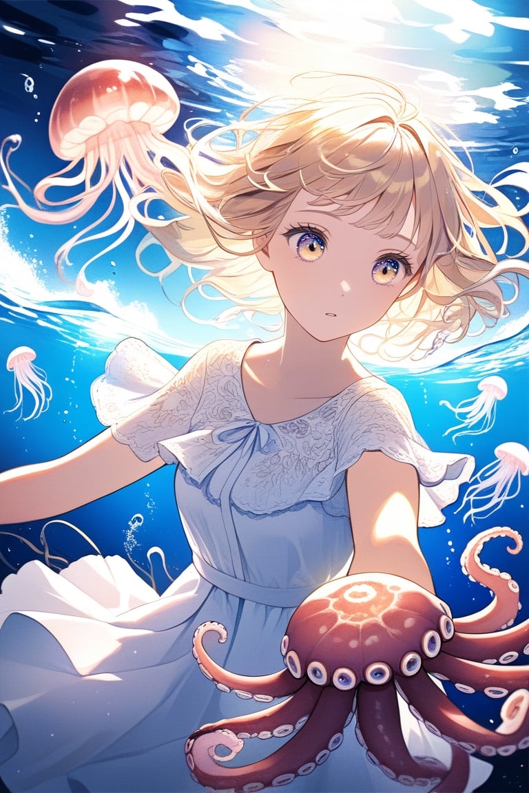 best quality,Amazing,Beautiful golden eyes,finely detail,Depth of field,extremely detailed CG unity 8k wallpaper,(1 girl :1.5),Deep sea background,jellyfish,masterpiece,fluttered detailed splashs, beautiful detailed water,cosmic eyes,Shock sensation,(realistic :0.5),octopus,original