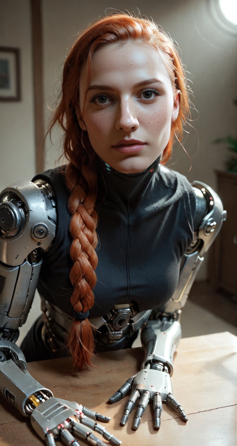 score_9, score_8_up, score_7_up, BREAK, cute, smily face, braided Red hair, alternative vibe, 25 year old, (European ginger female:1.3), Porcelain skin, freckles, beautiful green eyes, subtle cleavage, (cozy lounge), (robotic body:2), wearing black iron robotic suit, stunning robotic legs, dynamic angle, vibrant lighting, high contrast, dramatic shadows, highly detailed, detailed skin, depth of field, film grain, skinny, (erotic pose:1.2),NGC