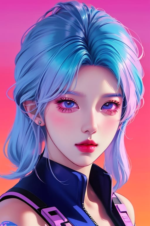 2023 style attractive and glowing super detailed lofi pastel kpop girl, very detailed and well designed expressive eyes, realistic anime, lofi vaporwave anime city landscape, synthwave, futuristic vibes, vaporwave colour, anime, modern style, 2023 style, simple --niji