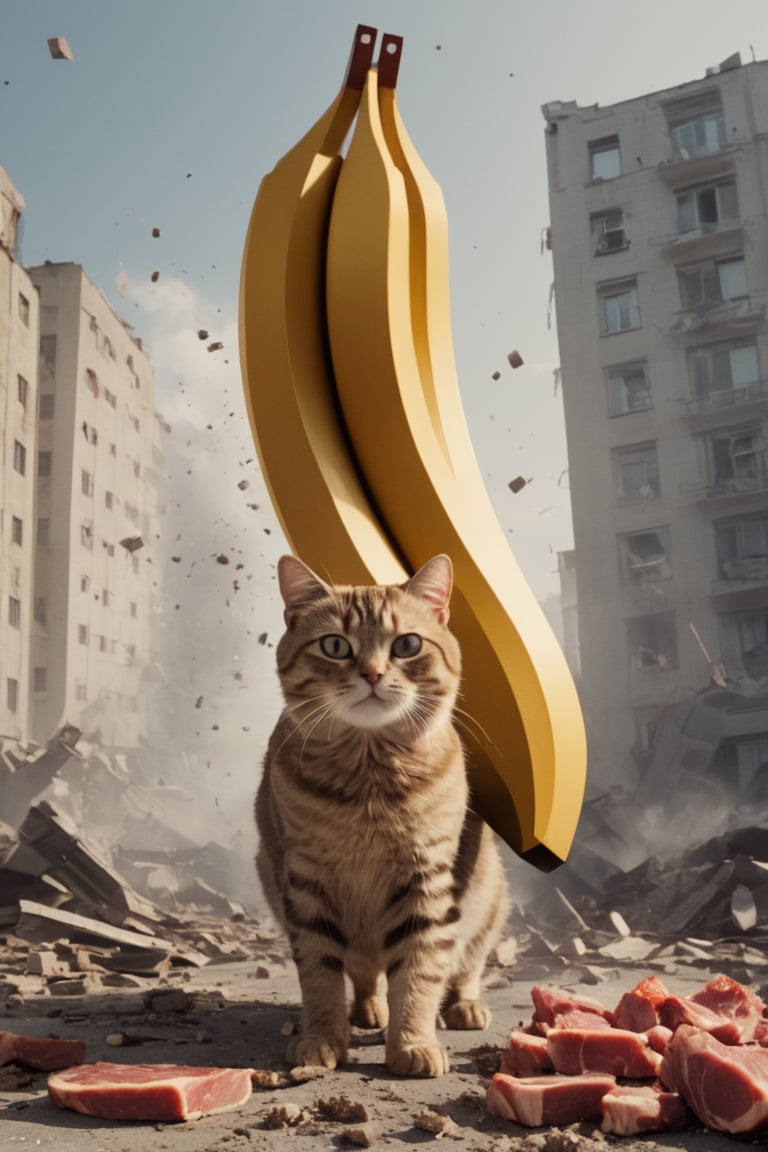 medium cat [banana: cat: 0.5], advertising, volumetric light, fractals, explosion, epic heatwave, epic shockwave, pieces of meat around, soundwave, (USSR poster style:1.3), building destruction, avengers style, Movie Still,Movie Still,Film Still