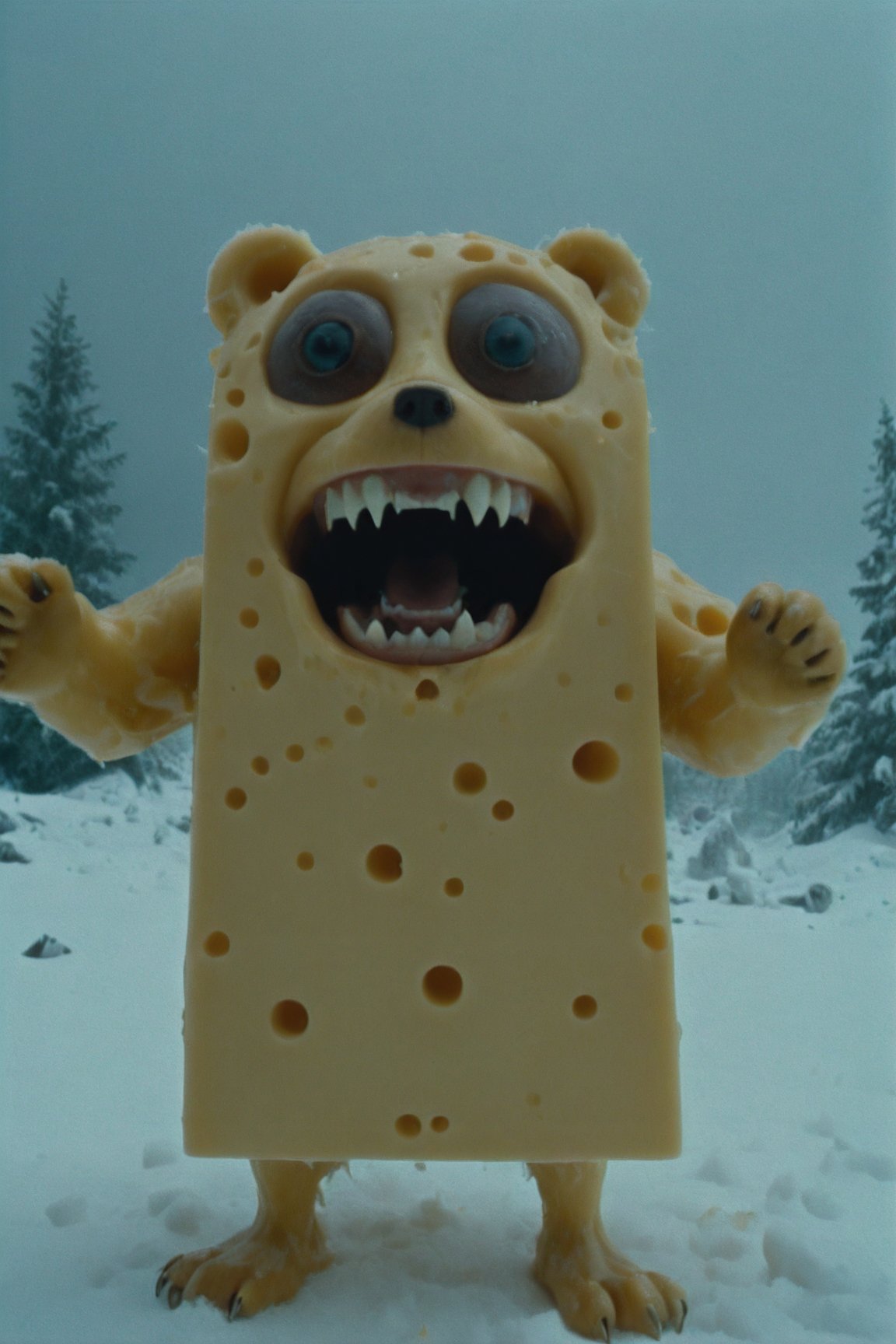 (Kodak:1.1), mutated explosion of scary cheese [cheese: bear: 0.5], looking into the camera, (he scared:1.6), bad weather, godrays, snow and sun, Movie Still,Movie Still,Film Still