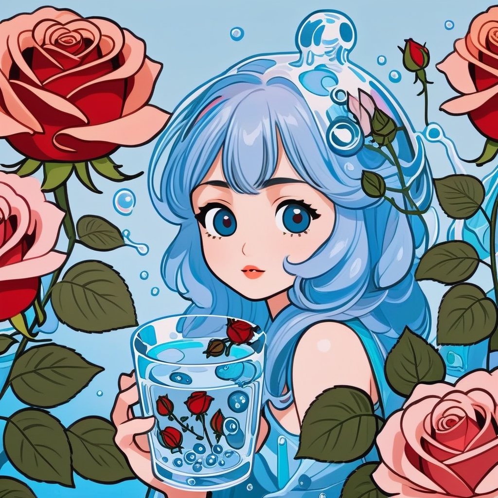 a cute 1girl with glass bad with (water with roses:1.5), cold colors, stylized, detailed, simple background, cutestickers, (sticker:1.1), art, (big fat stroke:1.3), ohwx