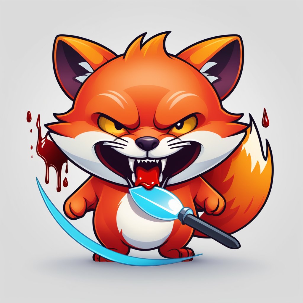 a angry (firefox icon) [firefox: snake: 0.5] eats a mouse, (blood:1.3), on write background, aero, glass, glassmorphism, concept, ui design, icon, bold stroke