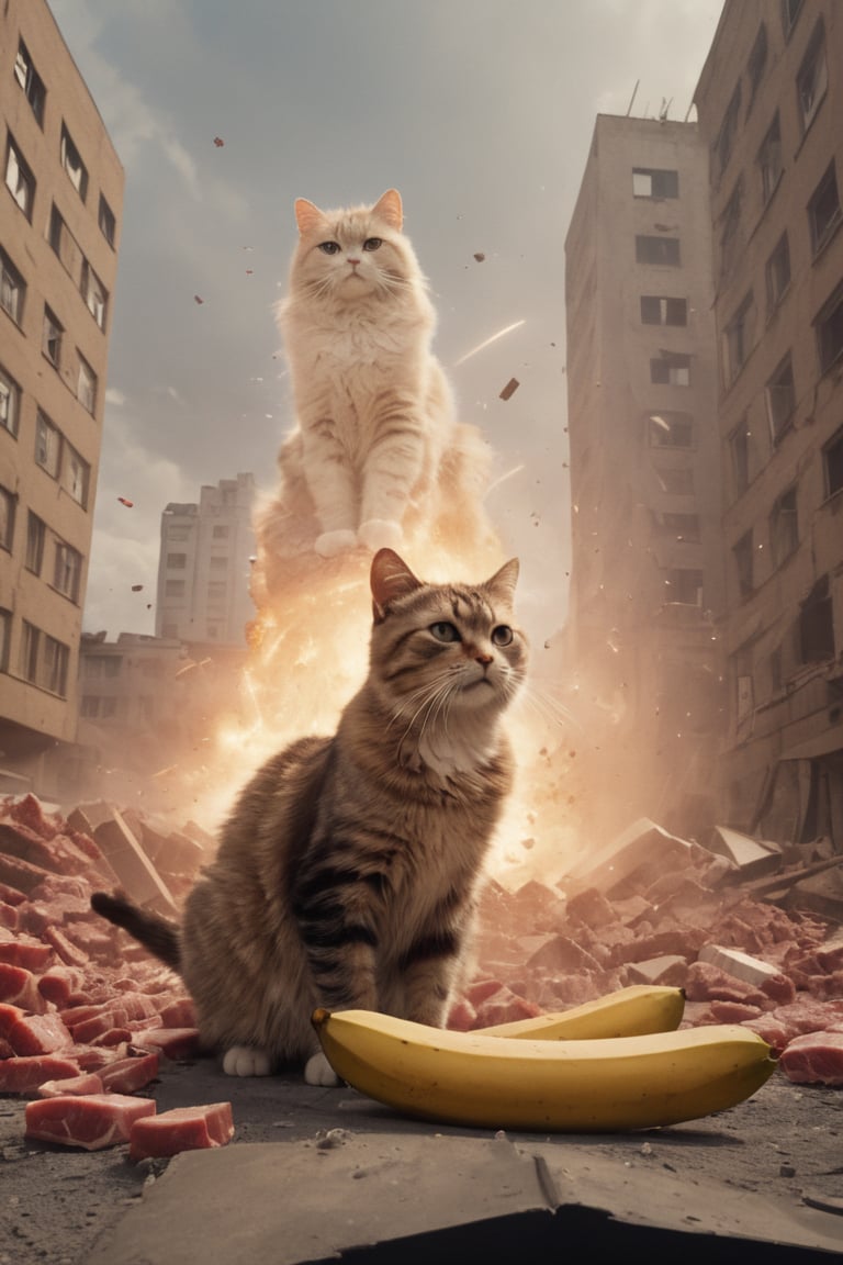 medium cat [banana: cat: 0.5], advertising, volumetric light, fractals, explosion, epic heatwave, epic shockwave, pieces of meat around, soundwave, (USSR poster style:1.3), building destruction, avengers style, Movie Still,Movie Still,Film Still