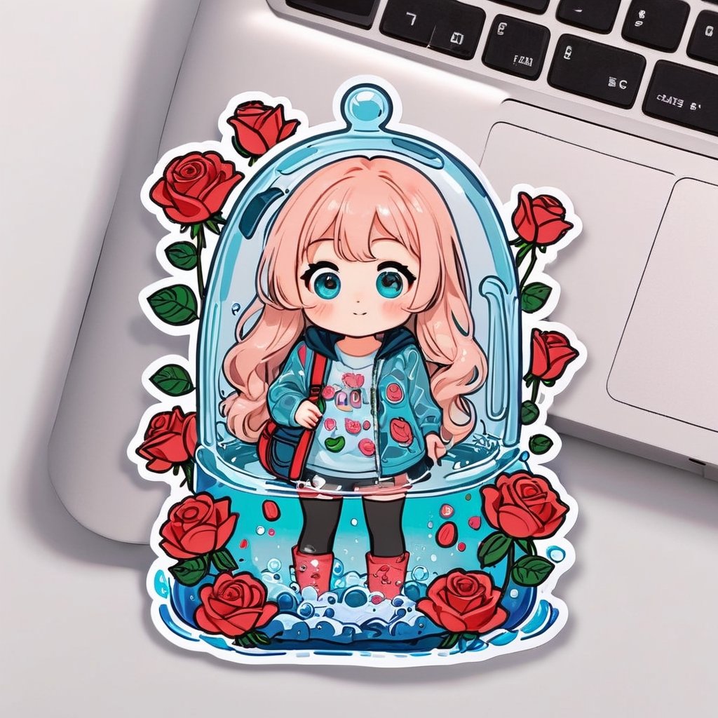 a cute 1girl is wearing a glass backpack filled with roses in the water with sequins and giggles, cold colors, simple background, cutestickers, (sticker:1.4), art, (big fat stroke:1.2), cute comic, minimalistic, ohwx style
