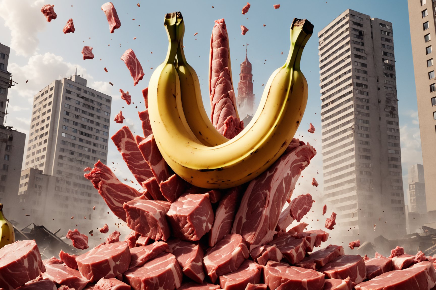 (meat banana:1.3), advertising, volumetric light, fractals, explosion, epic heatwave, epic shockwave, pieces of meat around, soundwave, (USSR poster style:1.3), building destruction, avengers style, Movie Still