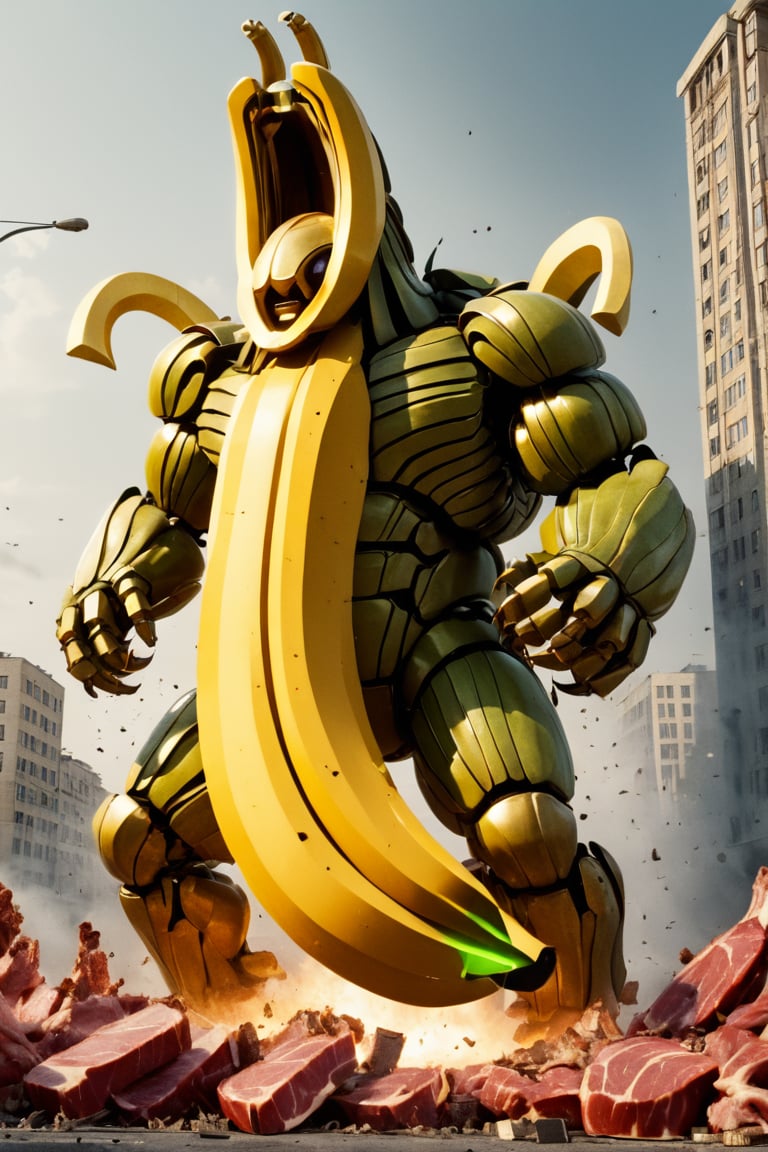 big monster [banana: beetle: 0.5] advertising, volumetric light, fractals, explosion, epic heatwave, epic shockwave, pieces of meat around, soundwave, (USSR poster style:1.3), building destruction, avengers style, Movie Still,Movie Still,Film Still