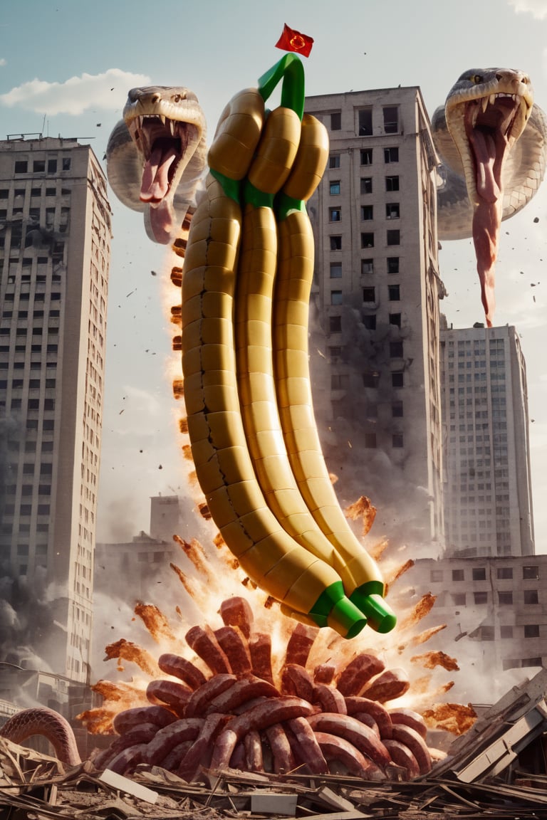 medium monster [banana: snake: 0.5], advertising, volumetric light, fractals, explosion, epic heatwave, epic shockwave, pieces of meat around, soundwave, (USSR poster style:1.3), building destruction, avengers style, Movie Still,Movie Still,Film Still