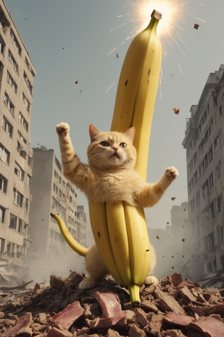 medium banana cat [banana: cat: 0.5], advertising, volumetric light, fractals, explosion, epic heatwave, epic shockwave, pieces of meat around, soundwave, (USSR poster style:1.3), building destruction, avengers style, Movie Still,Movie Still,Film Still