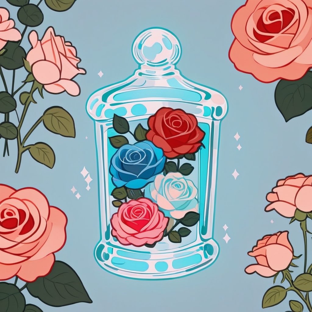 a cute glass soap with roses, cold colors, stylized, simple background, cutestickers, (sticker:1.4), art, (big fat stroke:1.2), ohwx style