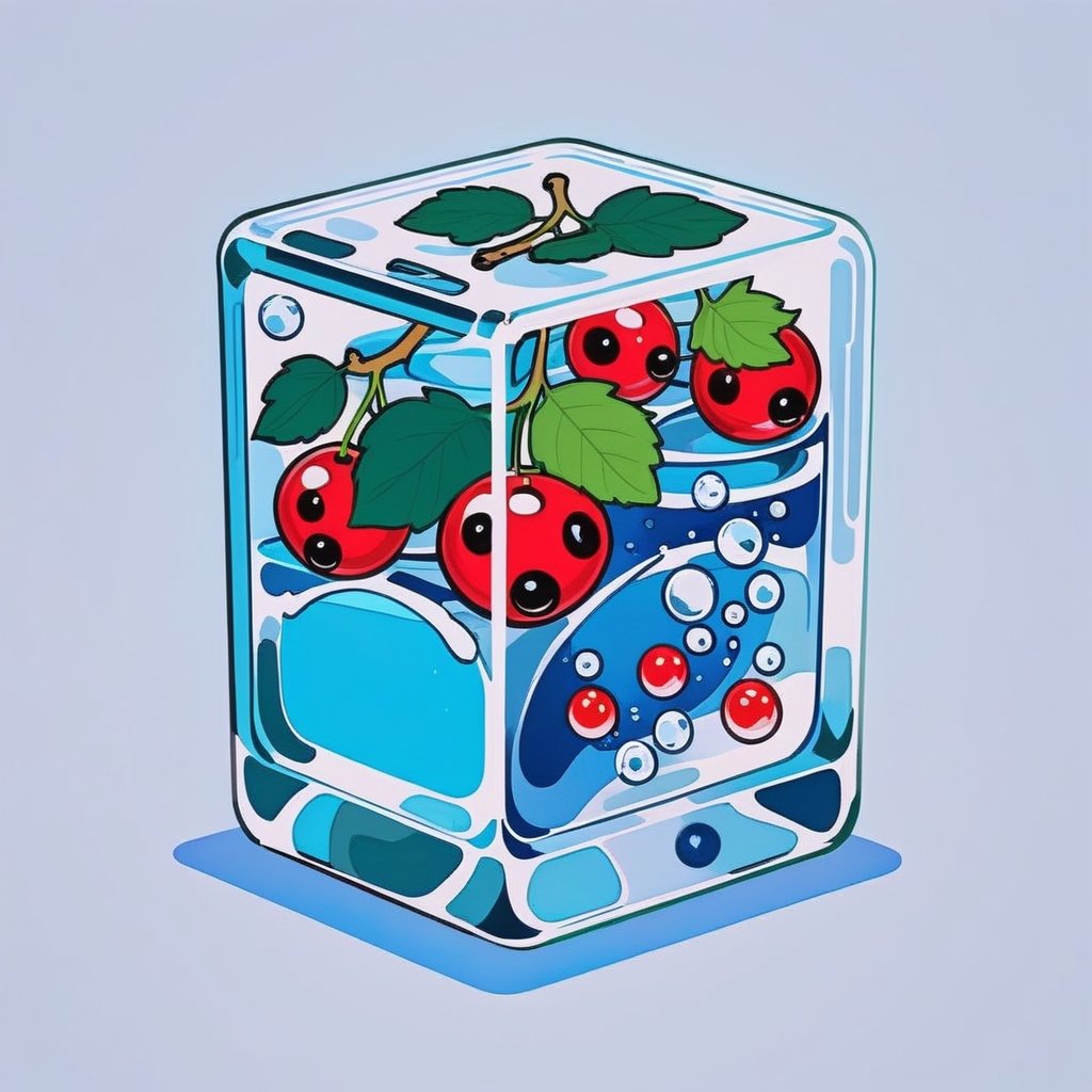 glass game console with water and currant, fat stroke, minimalistic, stylized, cold colors, ohwx style
