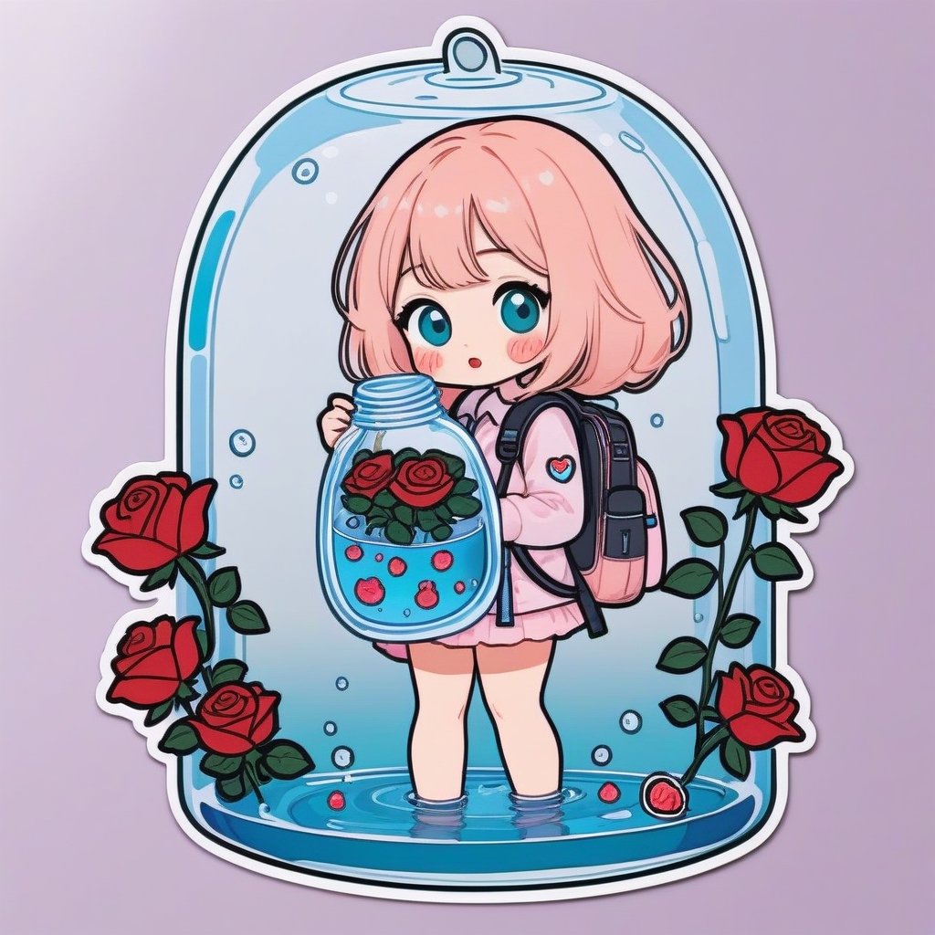 a cute 1girl is wearing a glass backpack filled with roses in the water with sequins and giggles, cold colors, simple background, cutestickers, (sticker:1.4), art, (big fat stroke:1.2), cute comic, minimalistic, ohwx style
