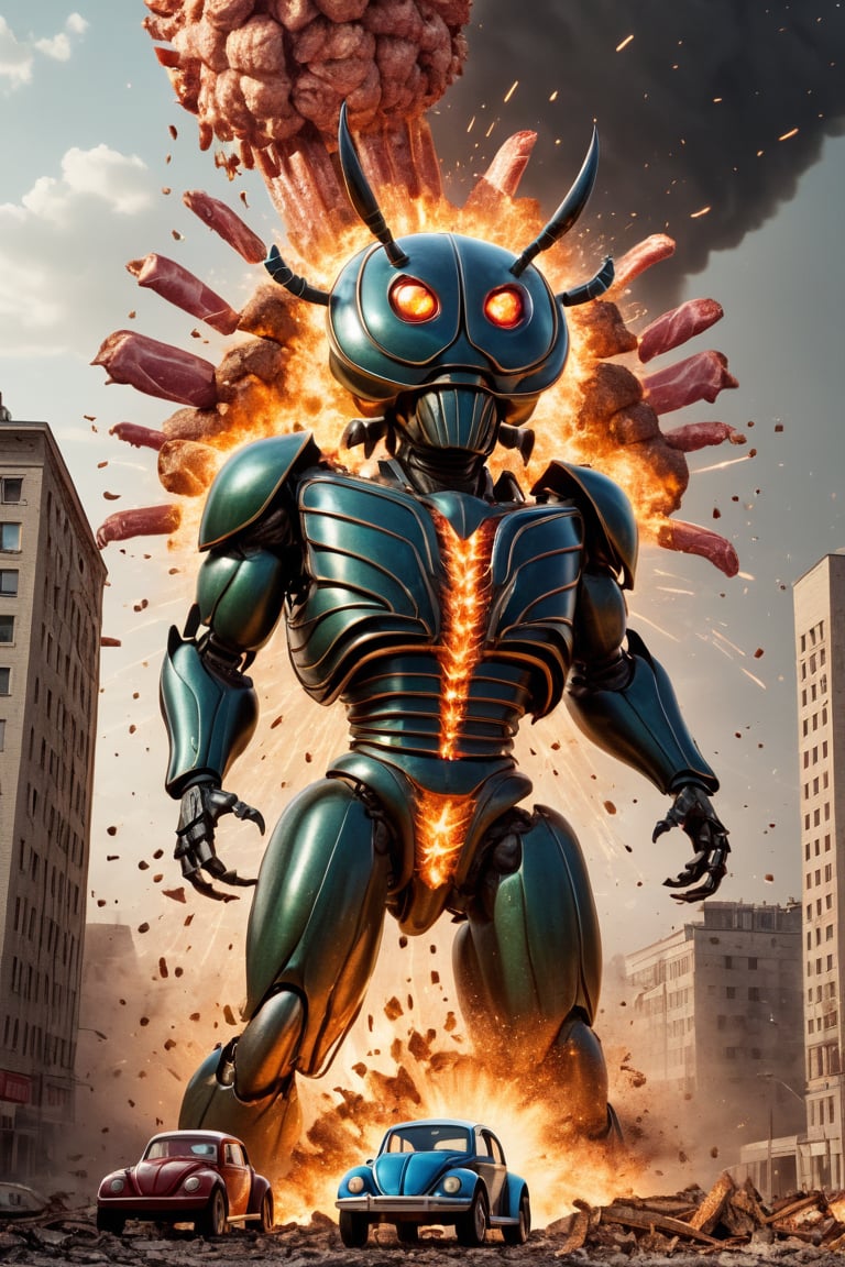 medium monster [cat: beetle: 0.3] advertising, volumetric light, fractals, explosion, epic heatwave, epic shockwave, pieces of meat around, soundwave, (USSR poster style:1.3), building destruction, avengers style, Movie Still,Movie Still,Film Still