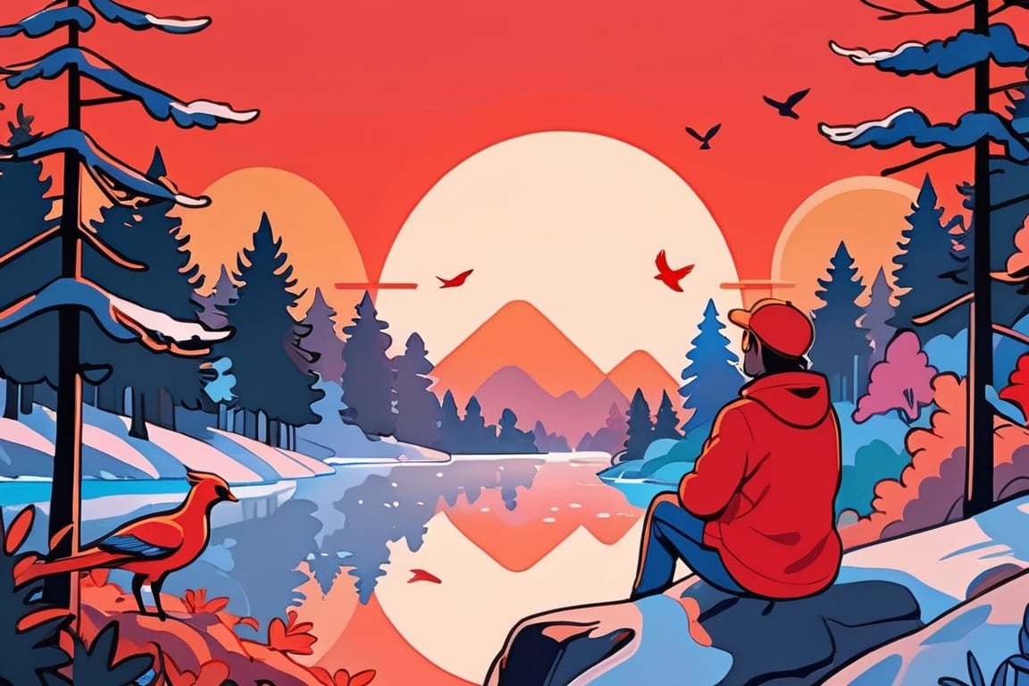 a cute 1guy looks at an epic bright red stylized sunset super detailed, birds, a big red sun, a forest of fir trees, a river, a guy with a very cute 1girl sitting on a rock, with his back to the camera, cold colors, stylized, simple background, cutestickers, (sticker:1.4), art, (big fat stroke:1.2), detailed, ohwx style
