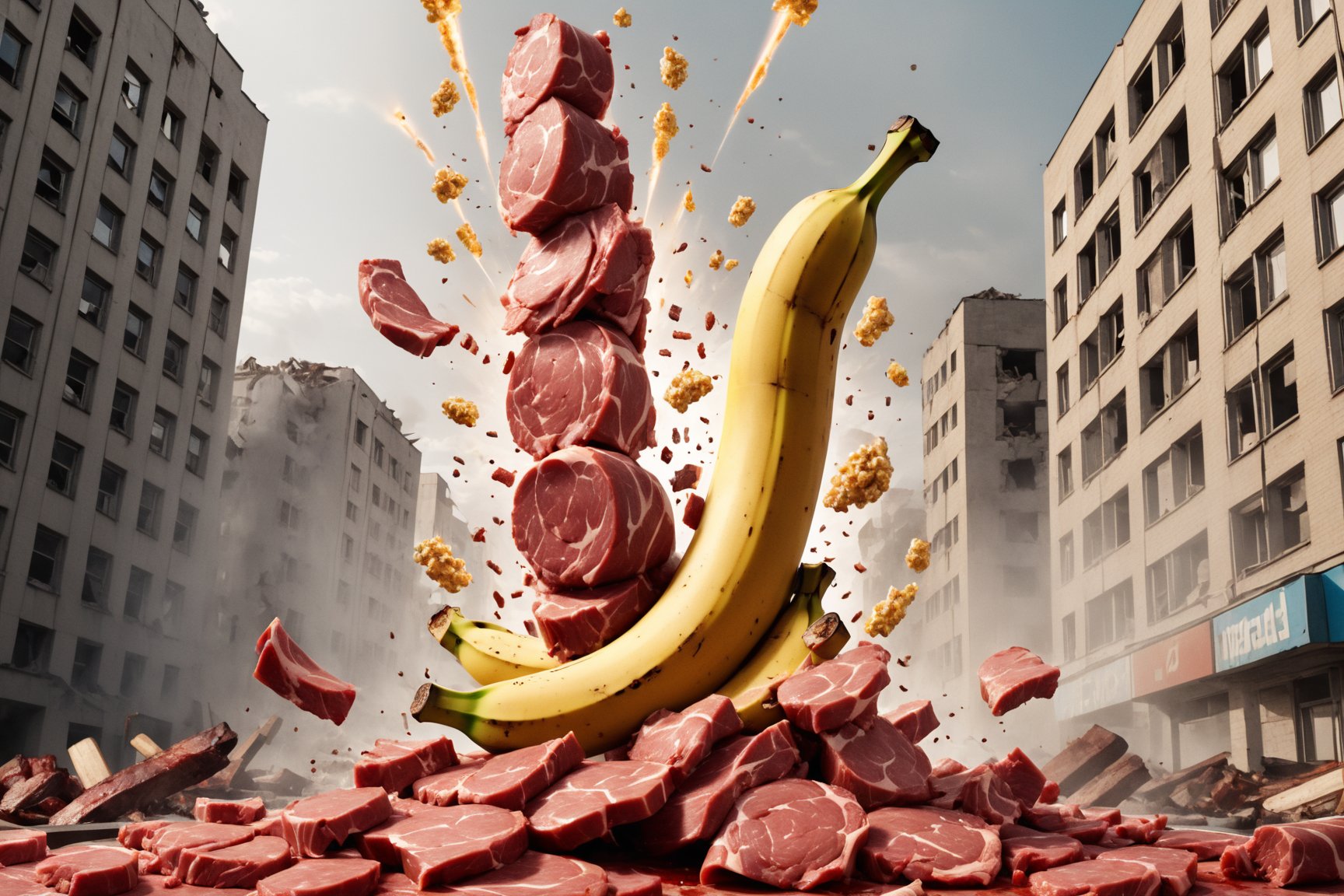 (meat banana:1.3), advertising, volumetric light, fractals, explosion, epic heatwave, epic shockwave, pieces of meat around, soundwave, (USSR poster style:1.3), building destruction, avengers style, Movie Still